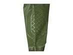 Close-up of a green waterproof boot or wader with a textured knee patch.