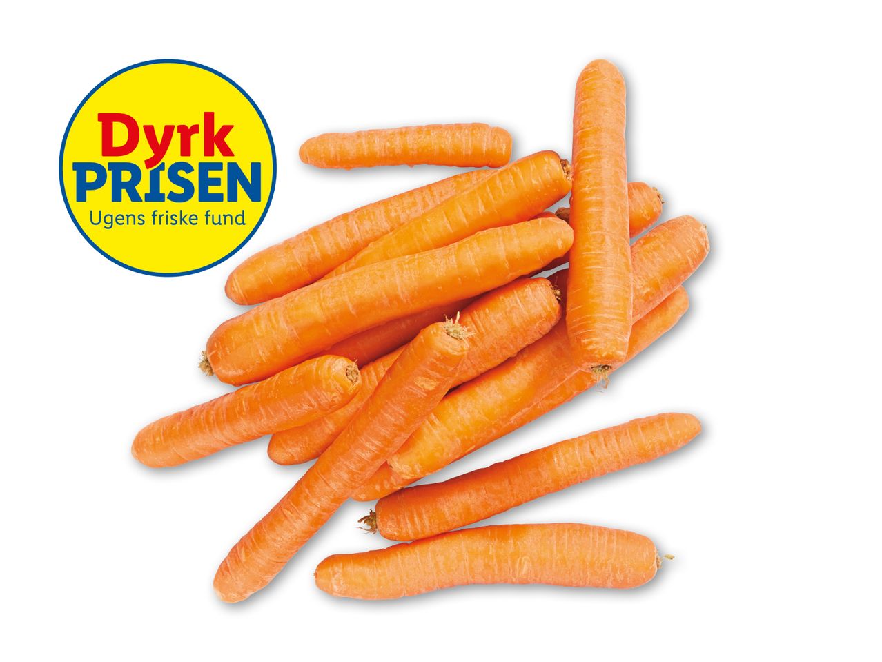En bunke gulerødder med et gult logo, der siger 'Dyrk PRISEN Ugens friske fund'.