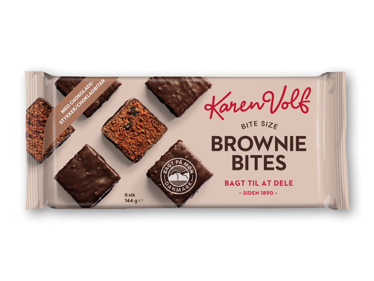 Pakke med browniebidder med chokoladestykker, klar til at dele.