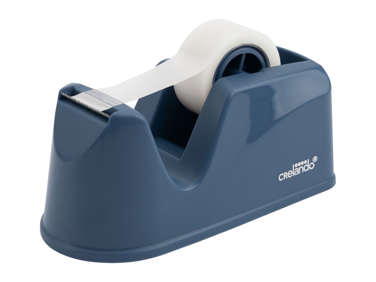 Blue tape dispenser with a roll of white adhesive tape, angled view.