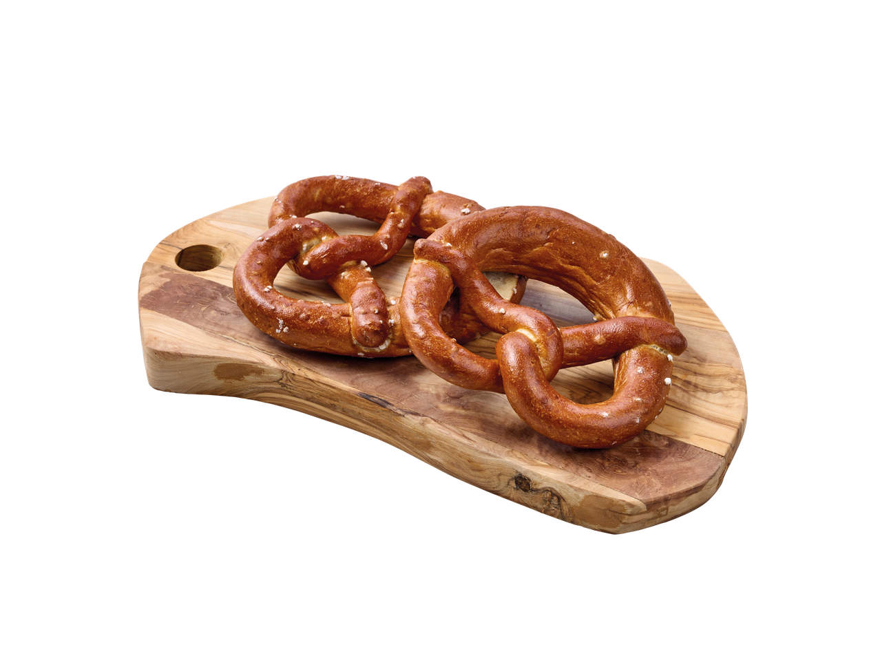 Kaks värskelt küpsetatud pretselit puidust lõikelaual.