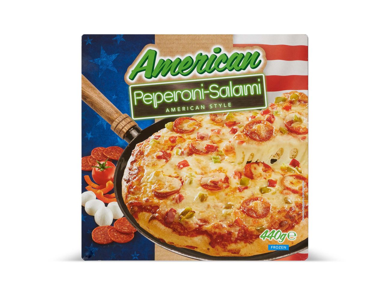 Diepvries Amerikaanse pepperoni en salami pizza.
