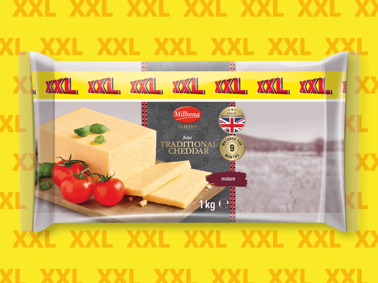 Опаковката на сирене Milbona Selection Traditional Cheddar (1 кг) е показана на жълт фон.