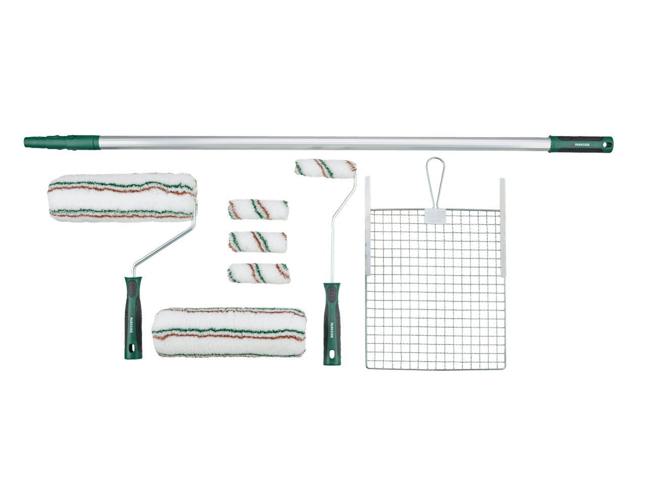 Conjunto de pintura PARKSIDE com cabo telescópico, dois rolos, três rolos pequenos e uma grelha.