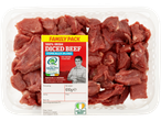 A family pack of 100% Irish diced beef with a label featuring a farmer and product details.