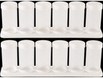 Two rows of white plastic spice jars with shaker tops sit in a white rack.