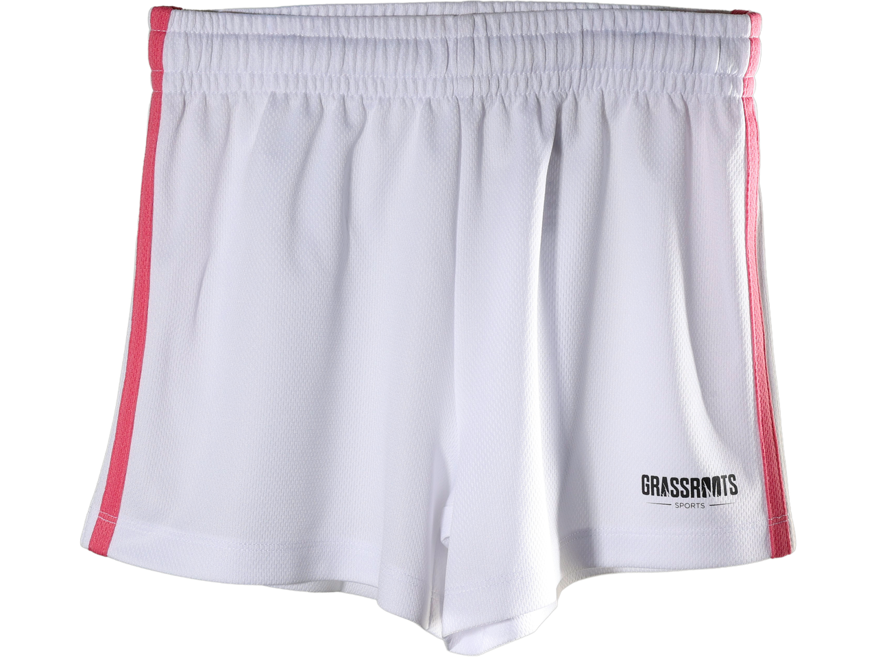 White kids' training shorts with pink side stripes and a black logo.