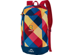 Mochila Crivit com design geométrico multicolor, patrocinada pela Lidl e Trek.
