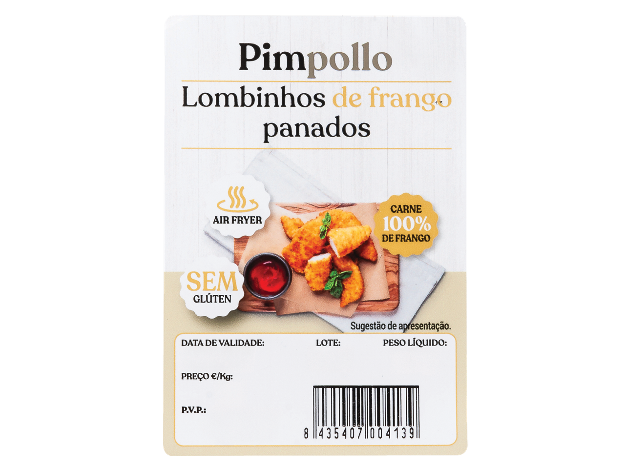 Embalagem de Lombinhos de Frango Panados Pimppollo, sem glúten, para Air Fryer.