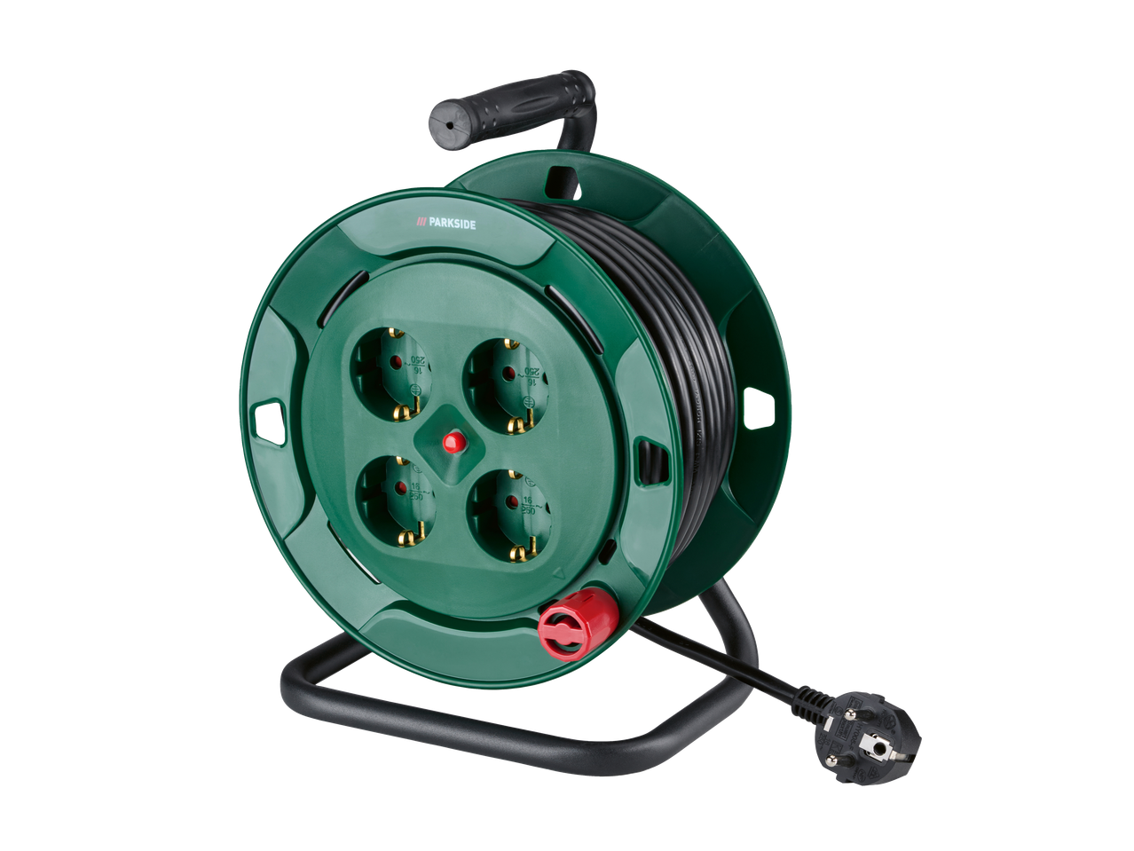 Tambur de cablu PARKSIDE de 12 m cu 4 prize și cablu negru.