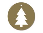Round gift tag with a white Christmas tree on a gold background