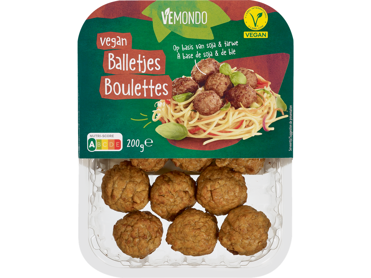 Boulettes végétaliennes Vemondo avec pâtes, à base de soja et de blé, 200g, Nutri-Score A.