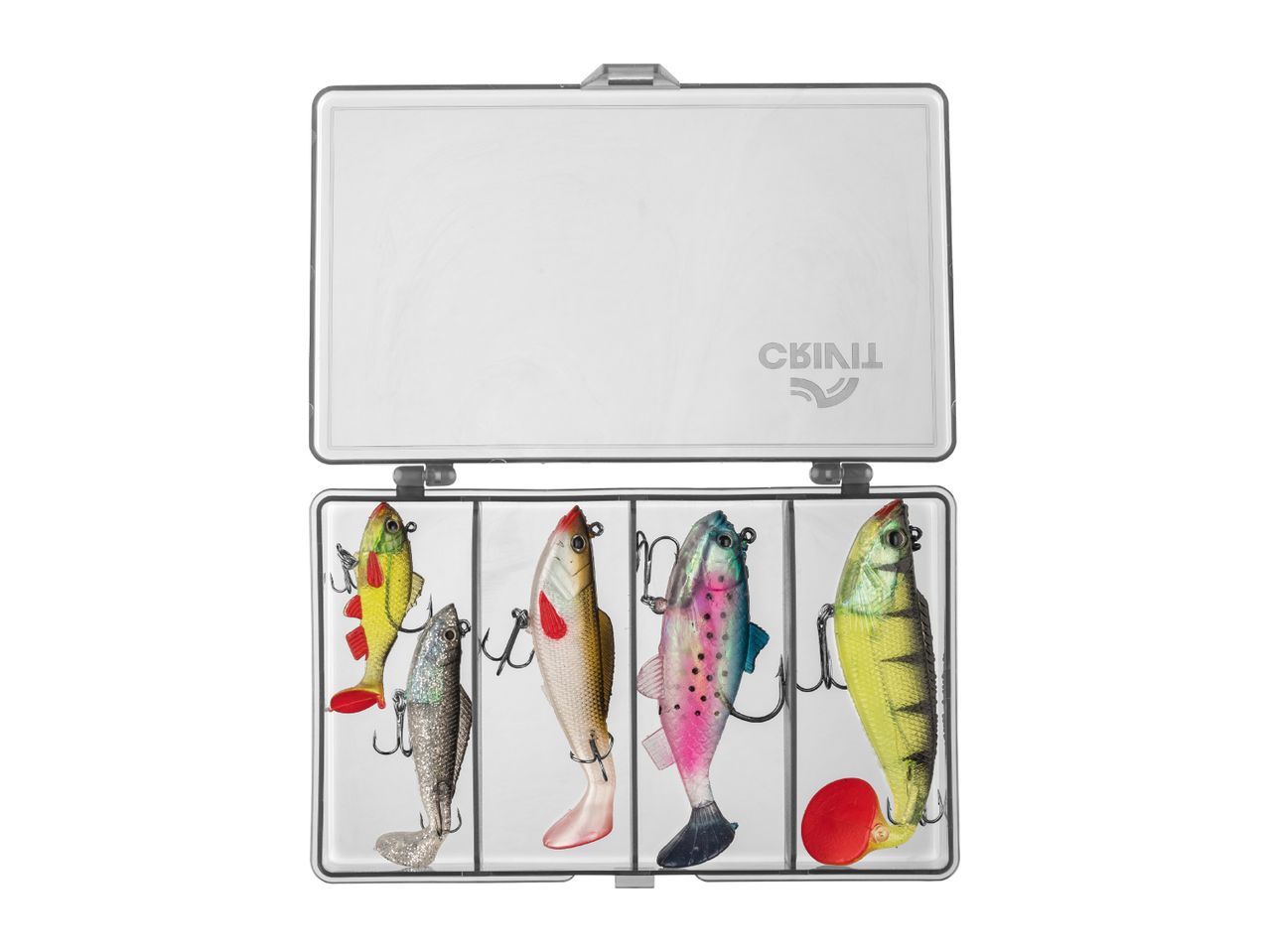 Open tackle box with various colorful fishing lures shaped like fish.