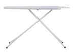 Light grey ironing board with a patterned cover and white legs