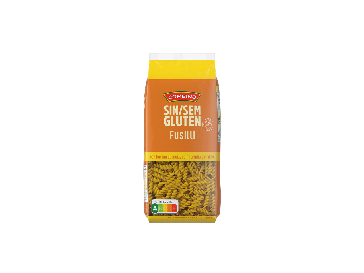 Pacote de massa fusilli sem glúten Combino com Nutri-Score A.