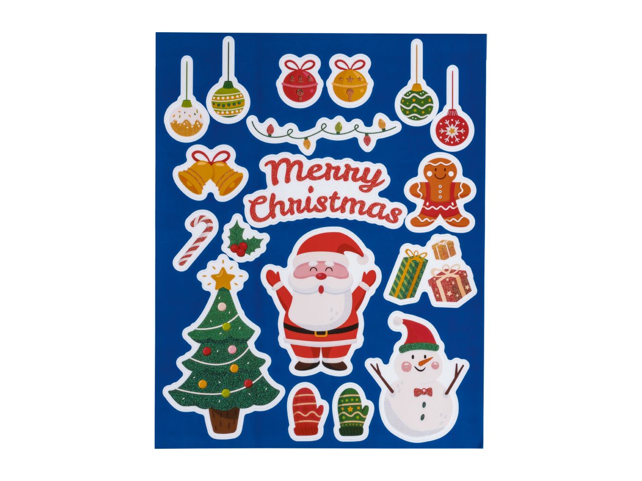Christmas stickers with Santa, a Christmas tree, snowman, ornaments, and 'Merry Christmas' text.