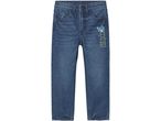 Blue denim jeans with a Stitch graphic on the right leg.