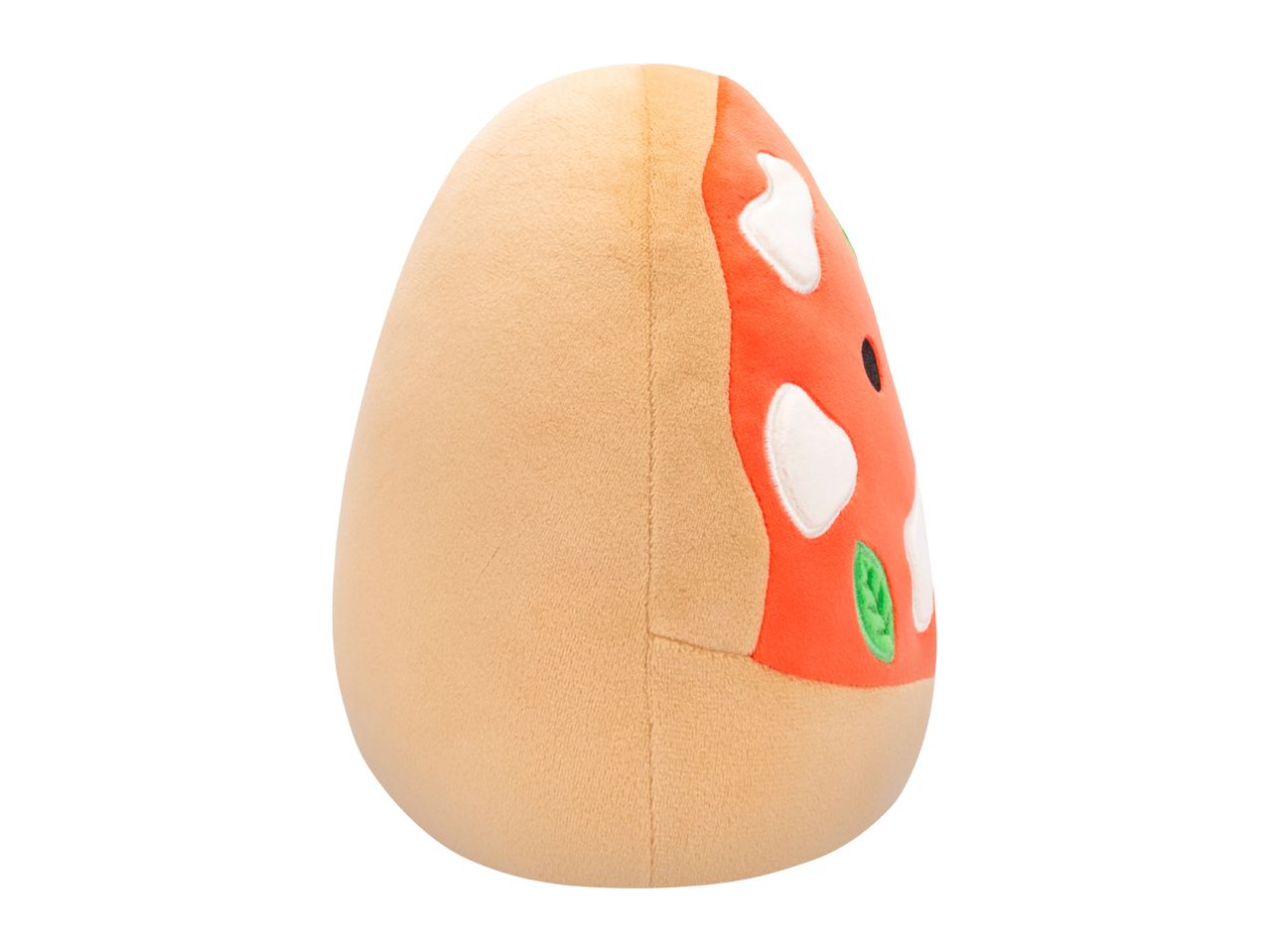 A plush pizza-shaped egg toy, side view.
