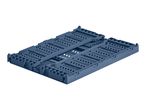 Folded blue plastic crate with perforated surface