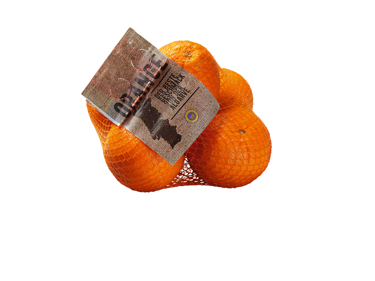 Laranjas numa rede com etiqueta de papel castanho.