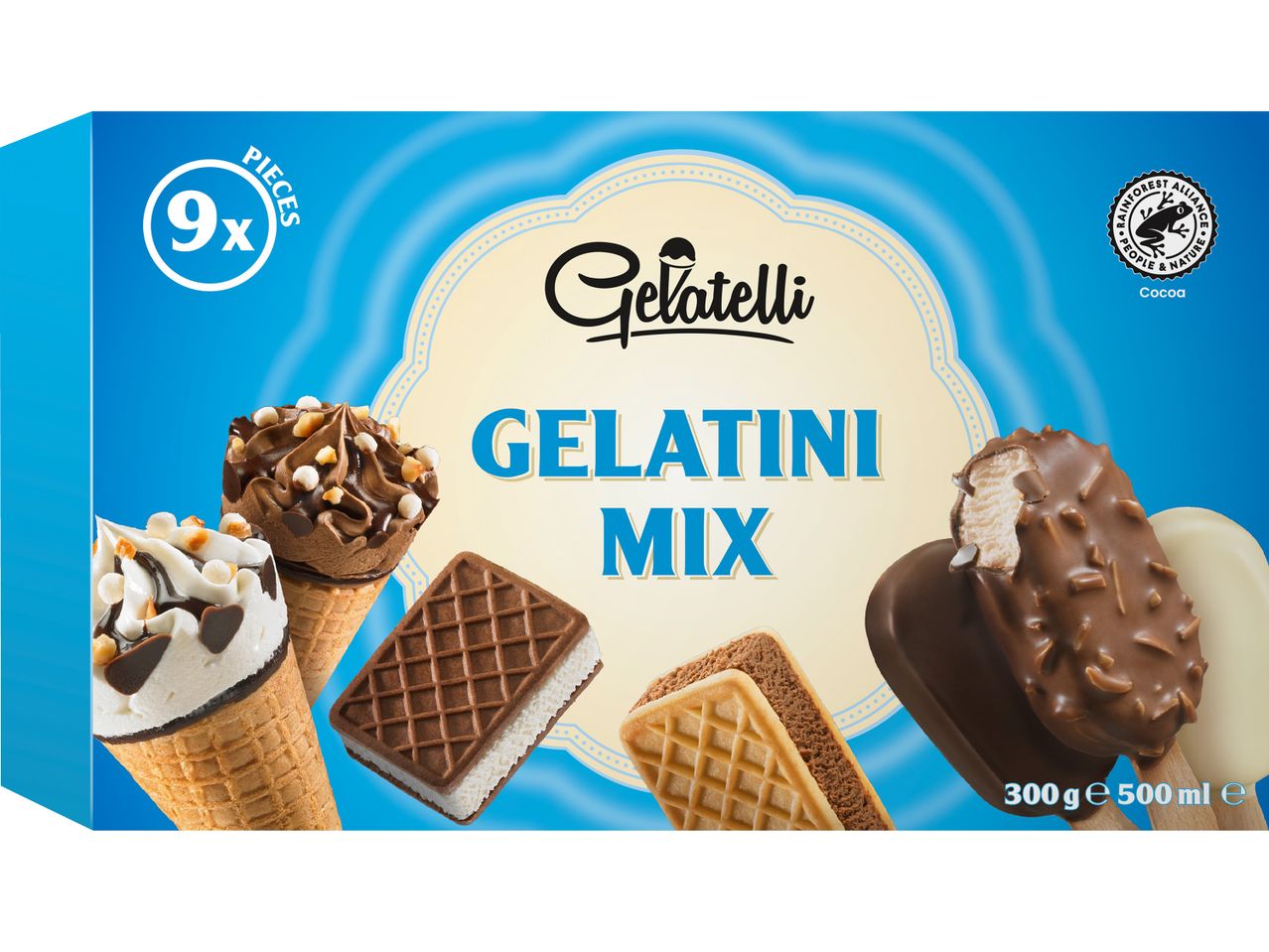 Кутия Gelatelli Gelatini Mix с различни сладоледи и вафли, 9 броя, 300g/500ml.