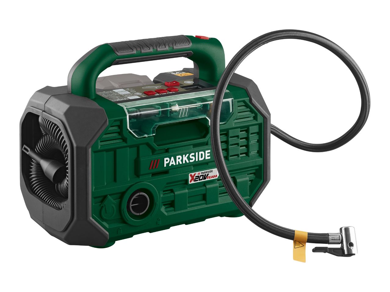 Green and black portable air compressor with a coiled hose and nozzle.