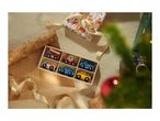 Christmas gifts: a wooden toy car set, reindeer wrapping paper, and a decorated tree.