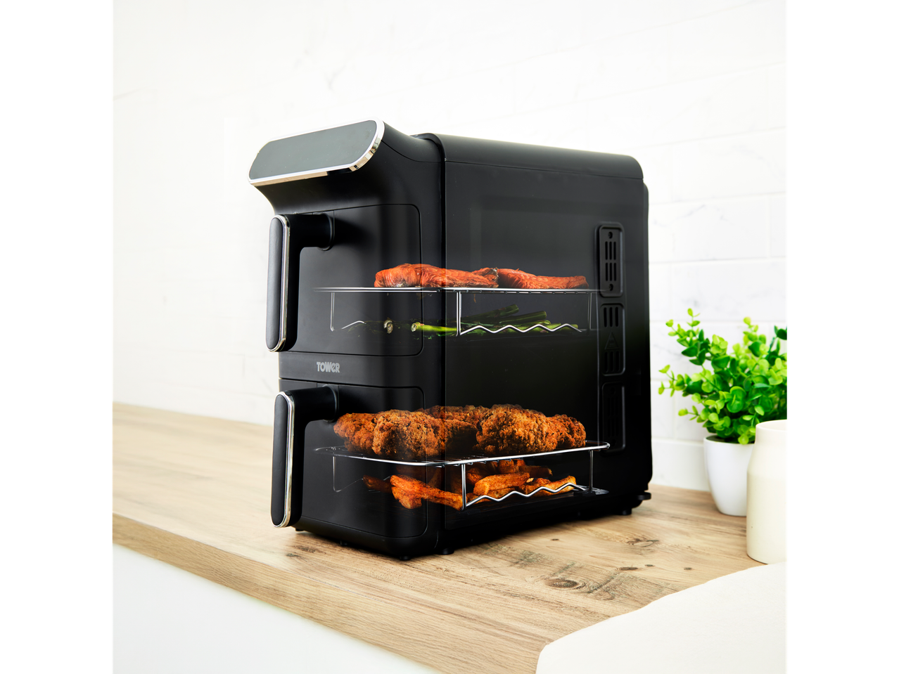 Tower air fryer: chicken, sweet potatoes, and vegetables.