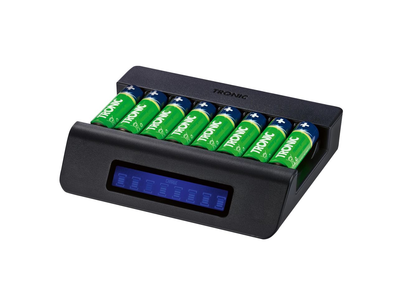 Egy TRONIC márkájú, 8 darab AA elem töltésére alkalmas akkutöltő, beépített LCD kijelzővel.