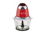 Red and silver food chopper with a glass bowl and measurement markings