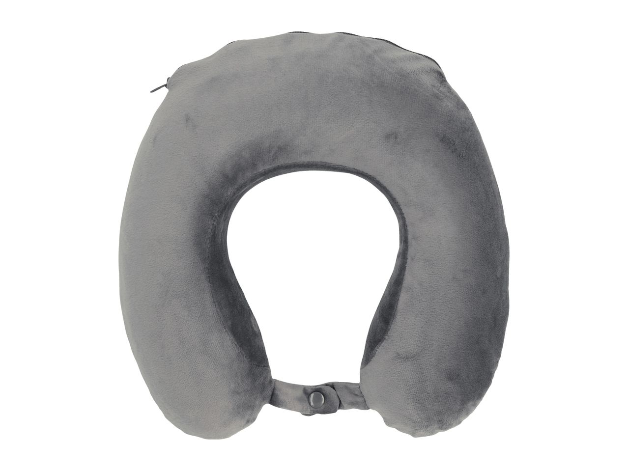 Grey U-shaped travel neck pillow with a snap closure.