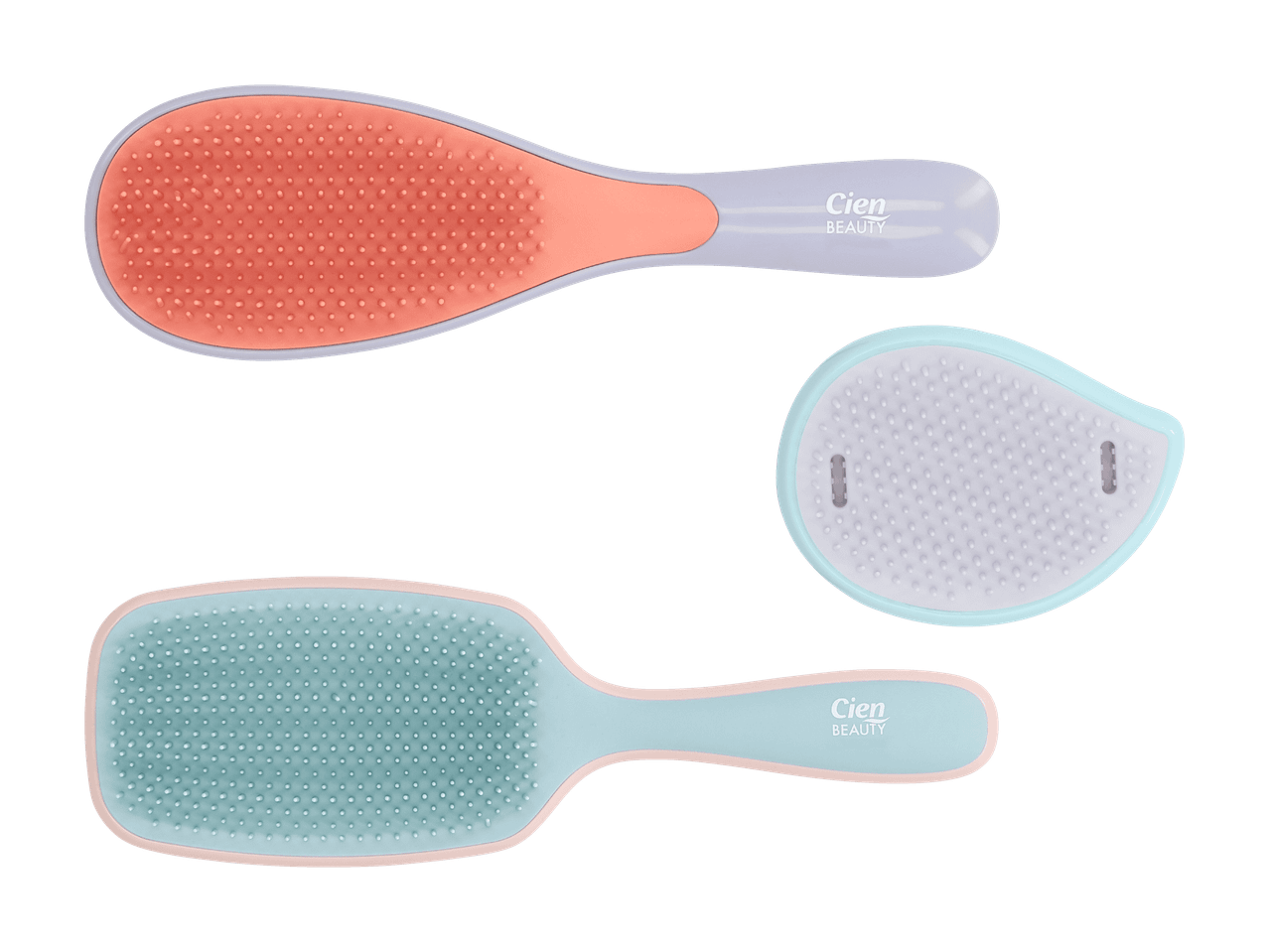 Trois brosses à cheveux de différentes formes et couleurs, dont une brosse ovale et une rectangulaire.