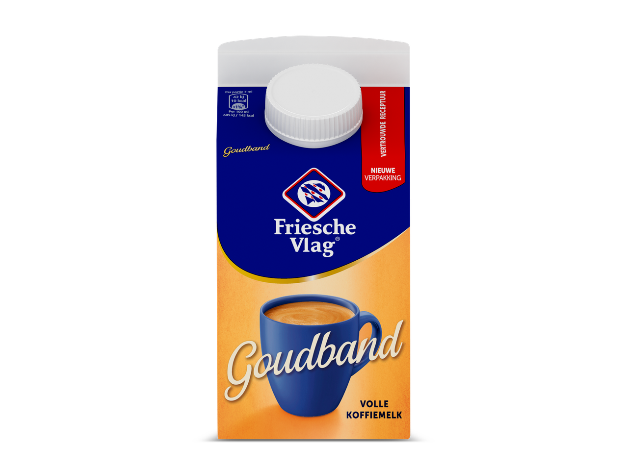 Melkpak met koffiemelk, een kopje koffie en voedingswaardeninformatie.