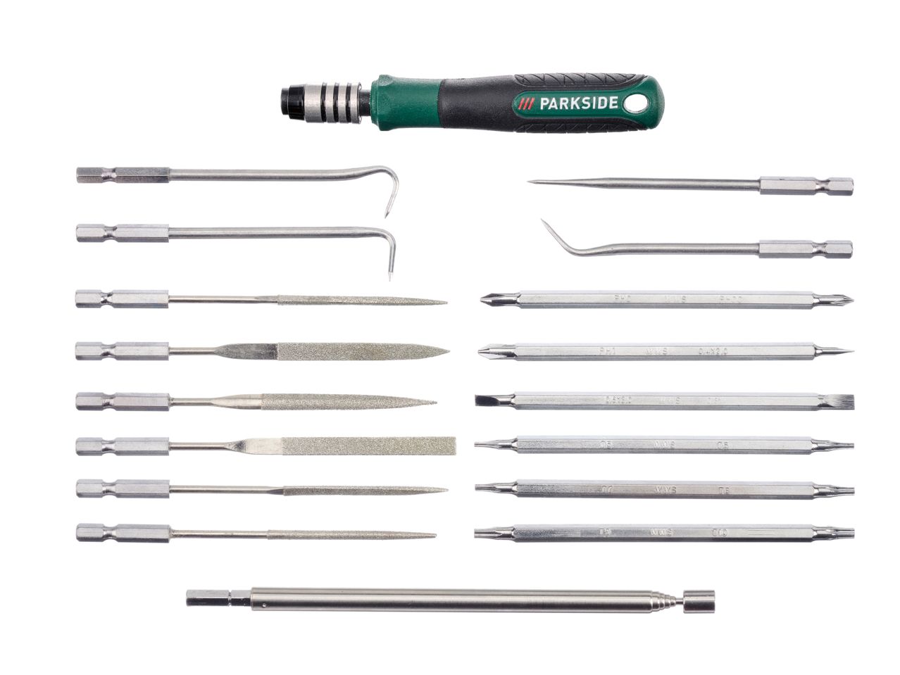 A set of precision tools including a screwdriver handle, various bits, and files.