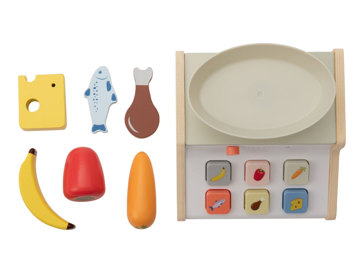 Wooden toy food items and a play scale with buttons featuring matching food icons.
