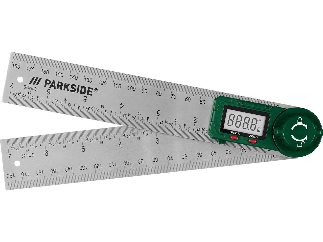 A Parkside digital angle ruler with a display showing '888.8' and buttons for ON/OFF and ZERO.