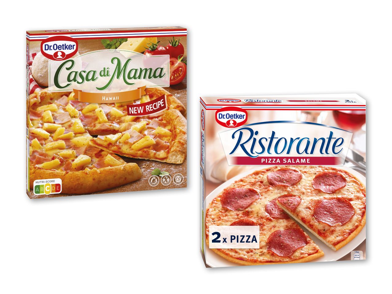 To Dr. Oetker pizzapakker: en Casa di Mama Hawaii og en Ristorante Pizza Salame.