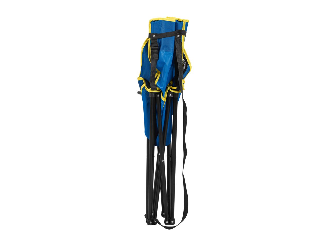 Blue and yellow folding chair with black frame.