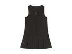 A black sleeveless dress with a pleated hem.