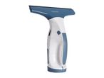 A blue and white window squeegee with an ergonomic handle.