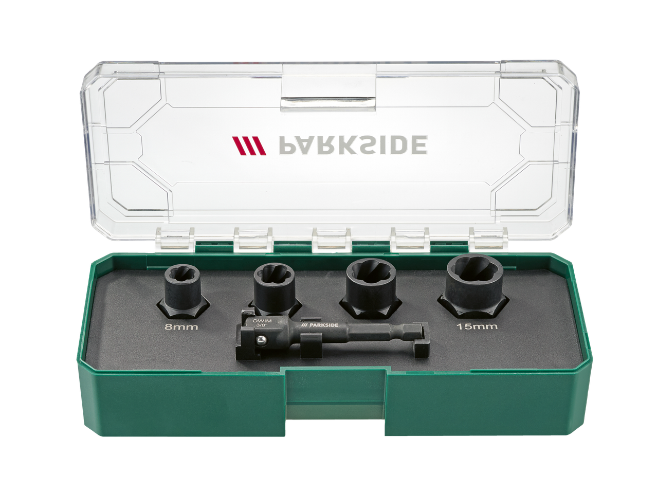 Conjunto de extratores de parafusos Parkside com 4 brocas de 8mm a 15mm e adaptador.