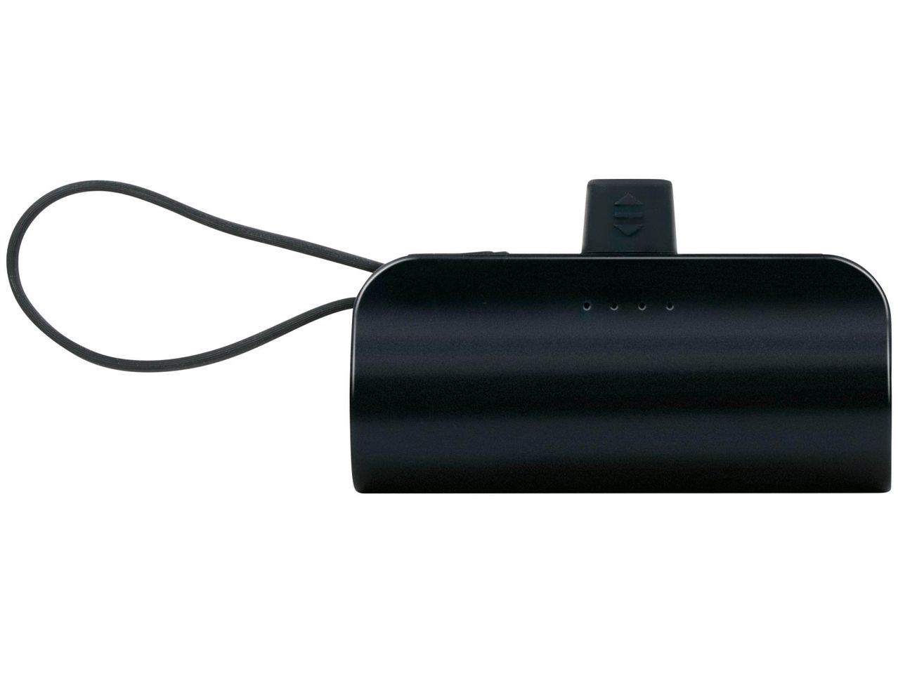 Black portable power bank with a wrist strap and indicator lights.