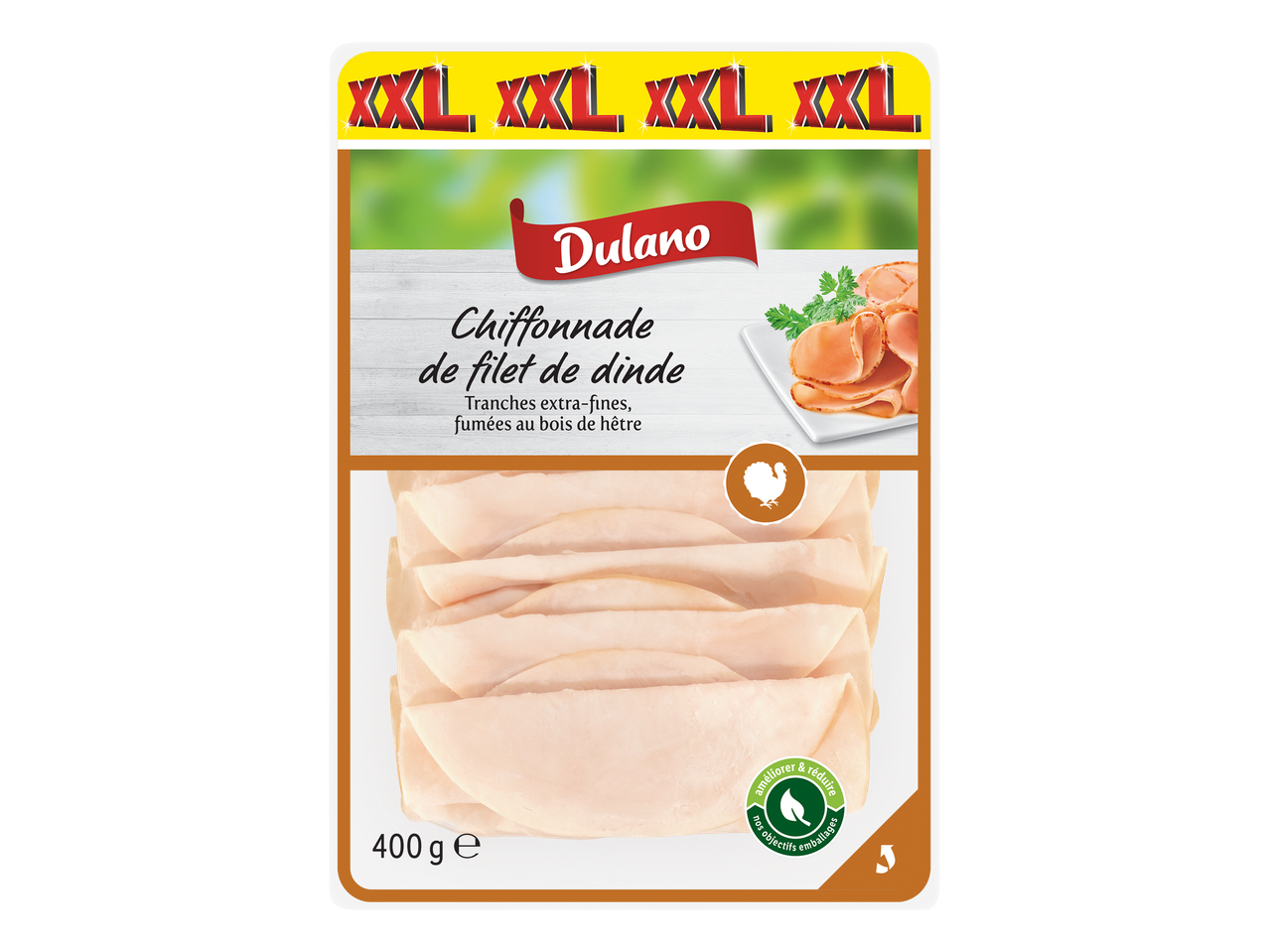 Emballage de chiffonnade de filet de dinde, tranches extra-fines fumées au bois de hêtre, 400g.
