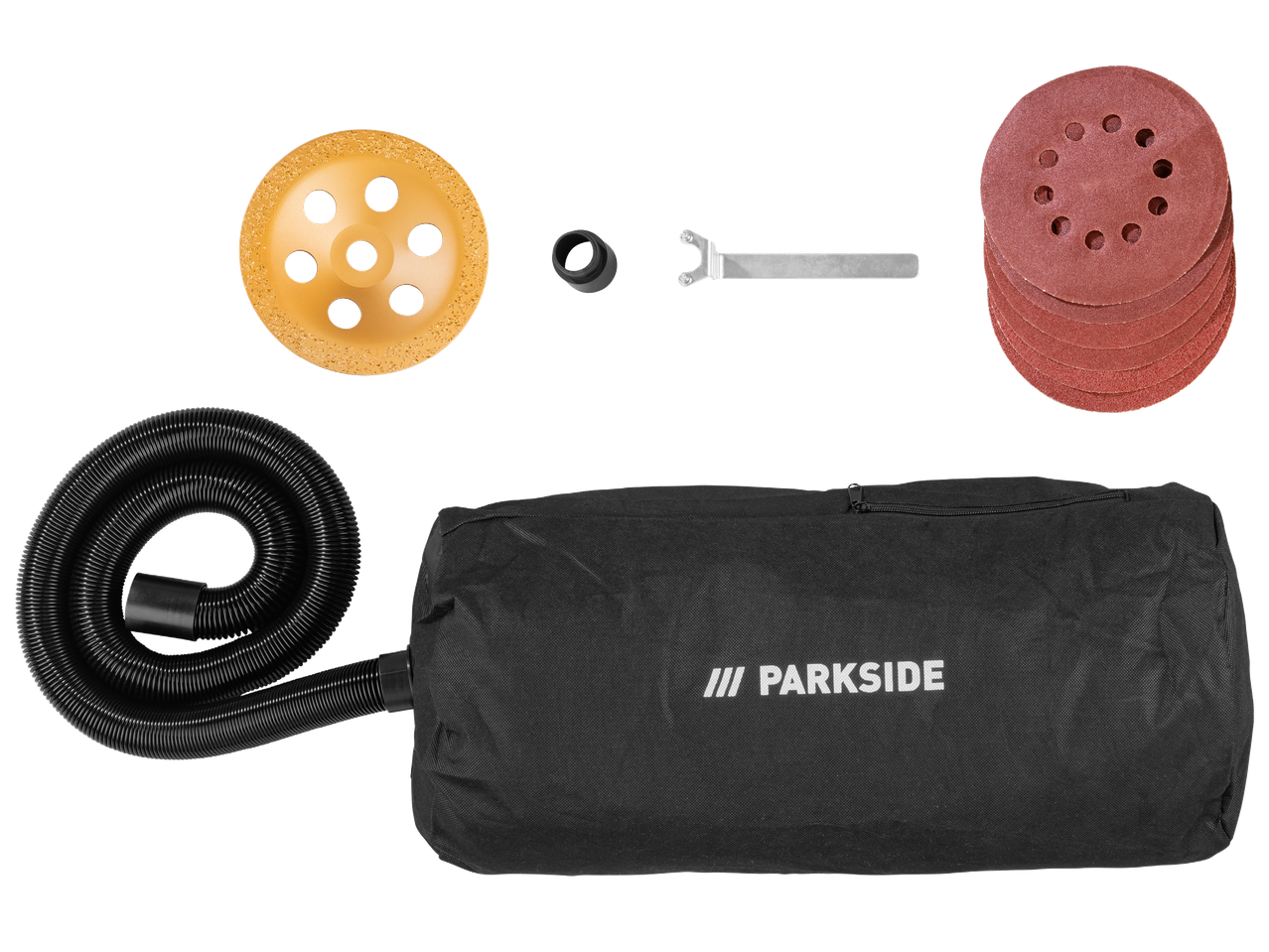 Комплект аксесоари за електроинструменти, включващ торба за прах, маркуч, шлифовъчни дискове и гаечен ключ.