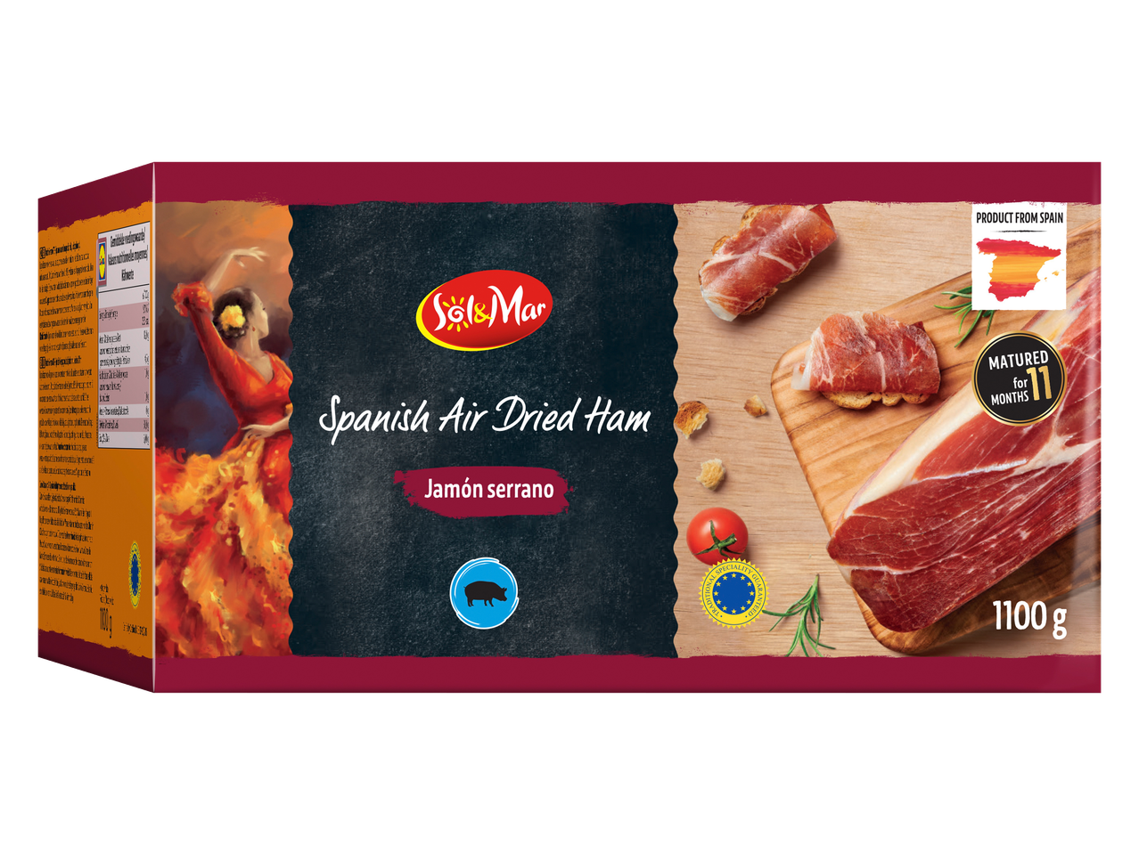 Verpakking Spaanse luchtgedroogde ham (Jamón serrano) met flamencodanseres en hamplakjes.