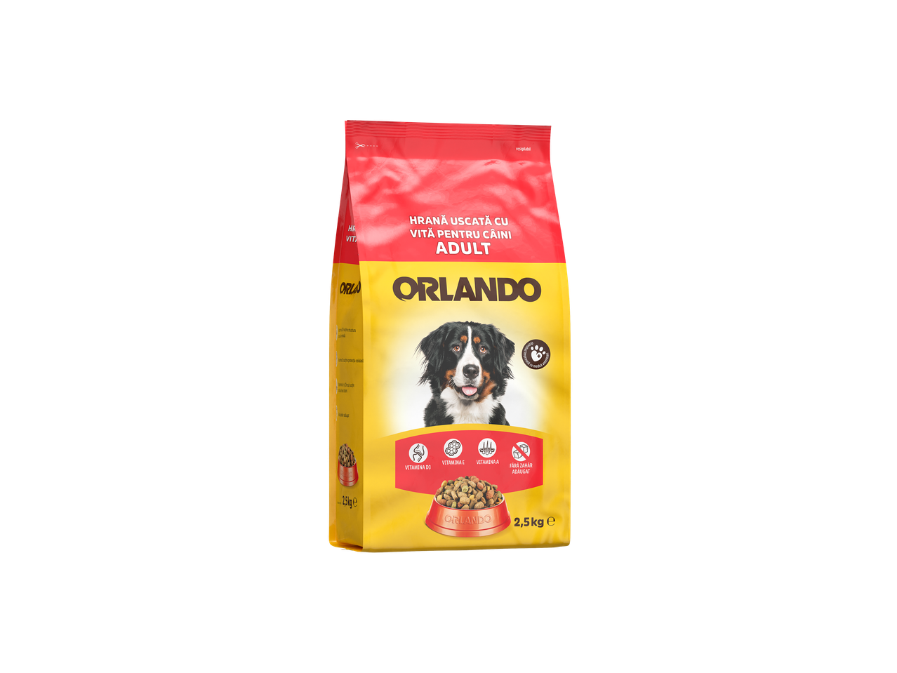 ORLANDO Hrană uscată cu vită pentru câini adulți, ambalaj de 2,5 kg.