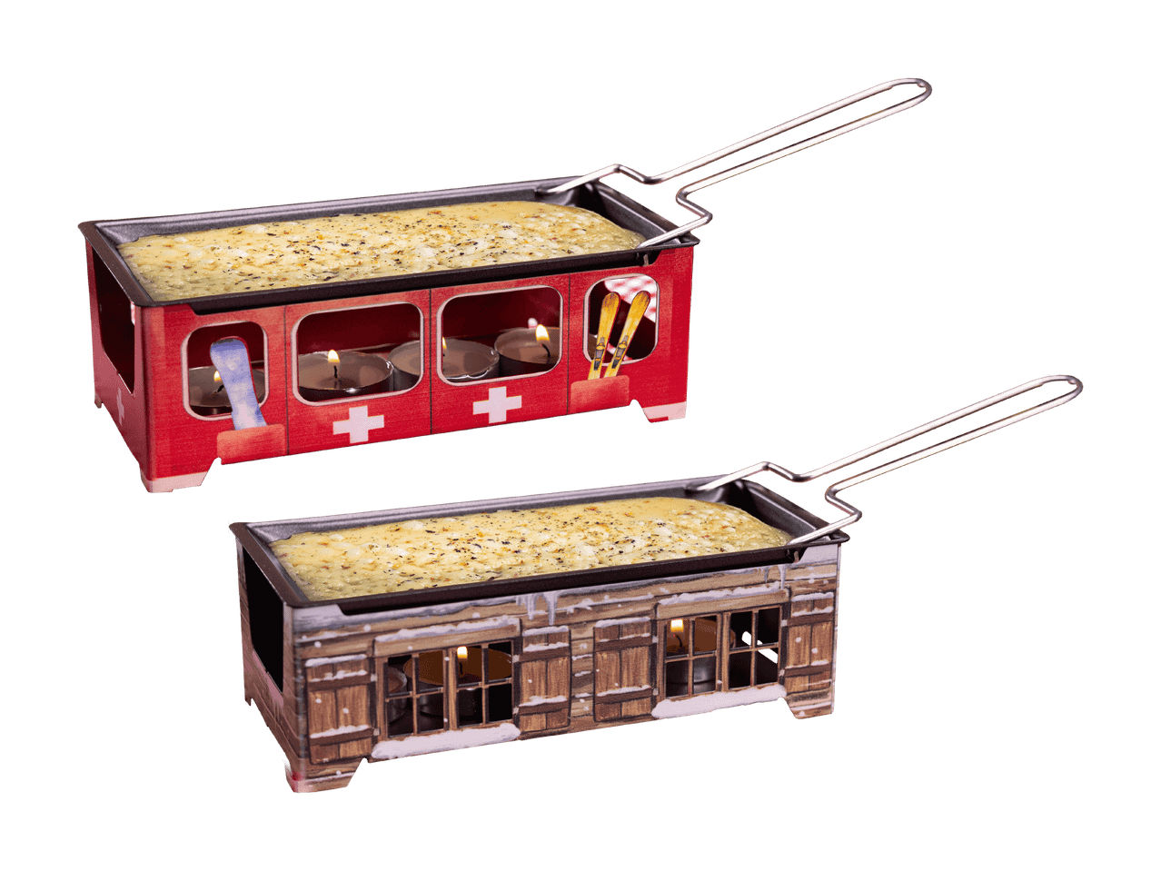 Deux raclettes individuelles en forme de chalet, une rouge et une en bois, avec du fromage fondu.