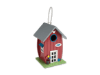 Ein rot-graues Vogelhaus im Mickey-Maus-Stil mit Blumen und Gießkanne.