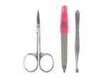 Manicure set with nail scissors, file, and tweezers.
