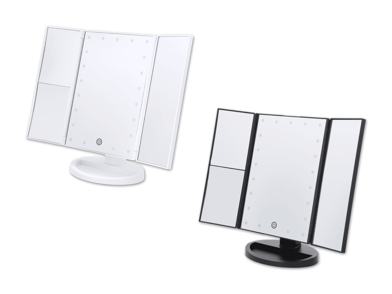 Zwei dreifach klappbare Kosmetikspiegel mit LED-Beleuchtung, einer in Weiß und einer in Schwarz.